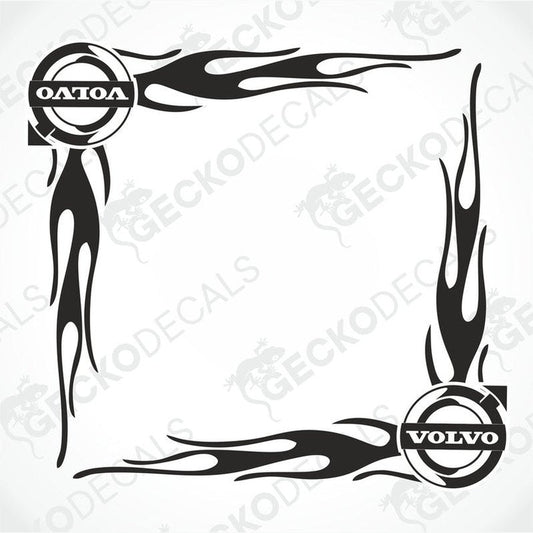 A set of two black tribal flame design decals for Volvo vehicles, displayed on a white background.