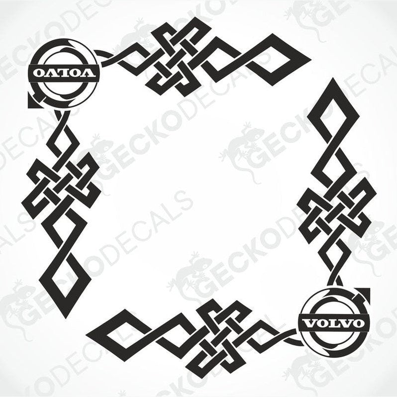 A pair of black tribal patterned decals for Volvo vehicles, designed for side window placement.