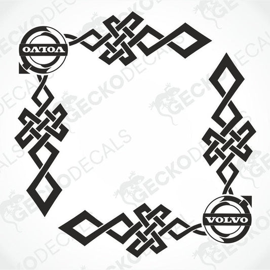 A pair of black tribal patterned decals for Volvo vehicles, designed for side window placement.