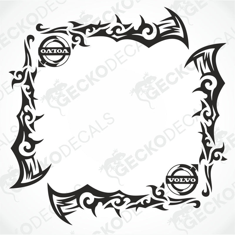 A set of two black tribal patterned decals for Volvo vehicles, designed for side window placement, one with a Volvo logo and one with an Octa logo.