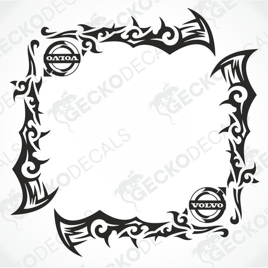 A set of two black tribal patterned decals for Volvo vehicles, designed for side window placement, one with a Volvo logo and one with an Octa logo.