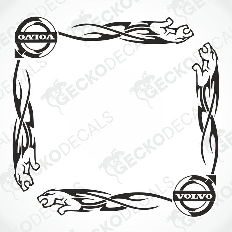 A set of black tribal patterned decals for Volvo vehicles, including logos and decorative designs for the side windows.