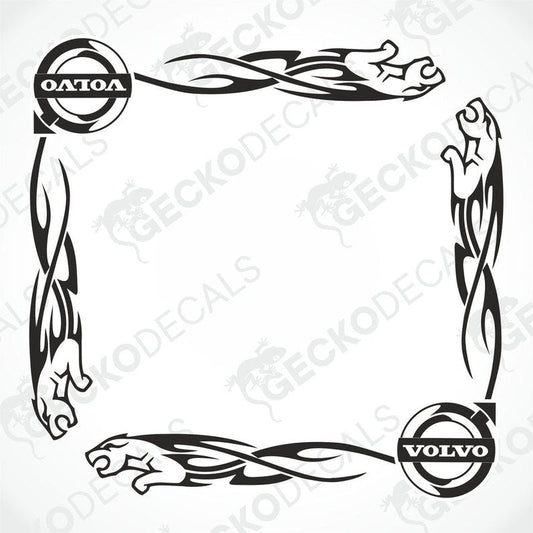 A set of black tribal patterned decals for Volvo vehicles, including logos and decorative designs for the side windows.