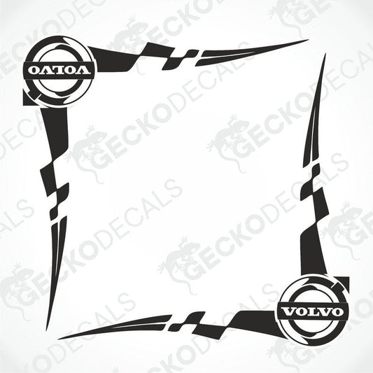 A pair of die cut black and white tribal design side window decals with Volvo branding, intended for use on vehicles.