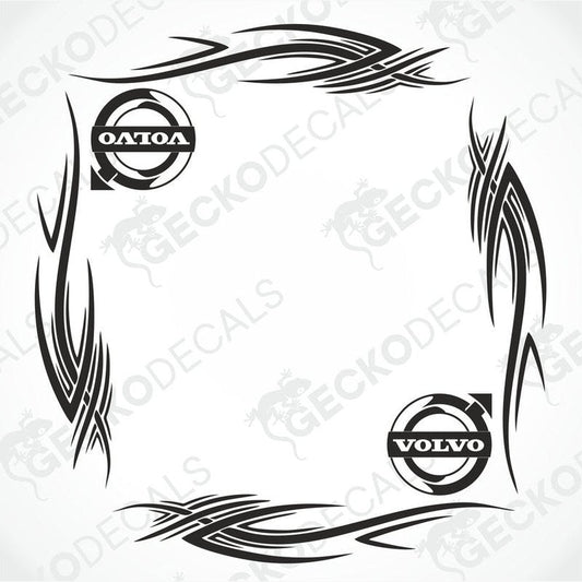 A set of black tribal patterned side window decals with the 'Volvo' and 'DAF' logos.
