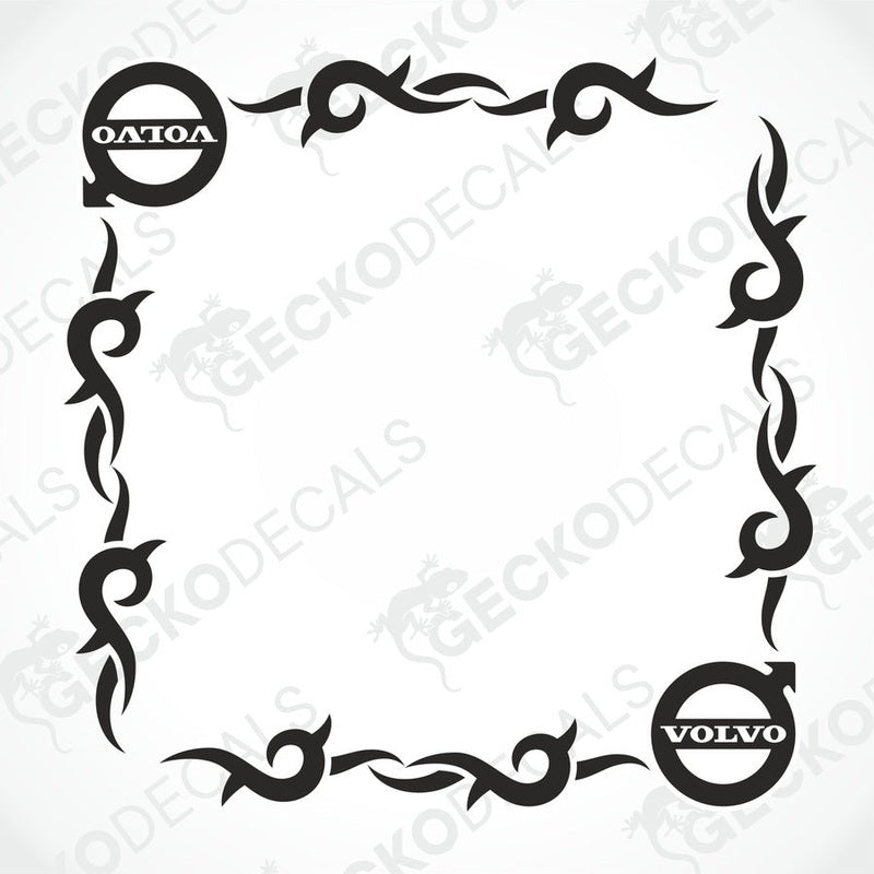 A die cut decal with a tribal pattern design featuring the Volvo logo, intended for use on side windows of a truck.