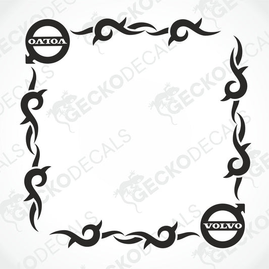 A die cut decal with a tribal pattern design featuring the Volvo logo, intended for use on side windows of a truck.