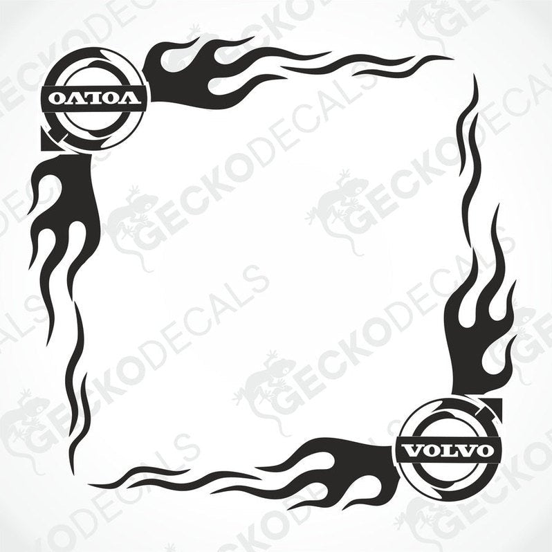 A black and white image of a die cut decal with tribal flame design and the Volvo logo, intended for use on vehicle side windows.