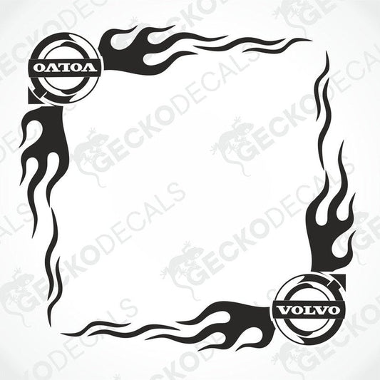 A black and white image of a die cut decal with tribal flame design and the Volvo logo, intended for use on vehicle side windows.