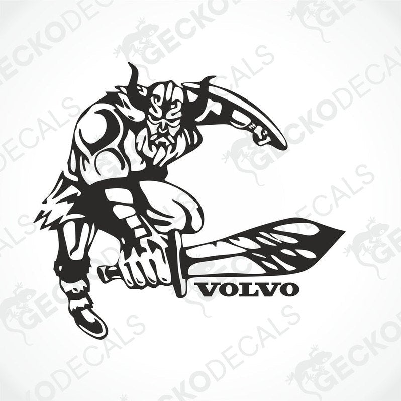 A black and white sticker of a Viking with a sword and the Volvo brand logo.