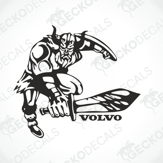 A black and white sticker of a Viking with a sword and the Volvo brand logo.