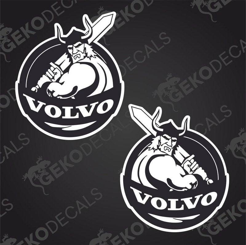 Two black and white stickers with a Viking character and the brand name 'VOLVO' written in a bold font.