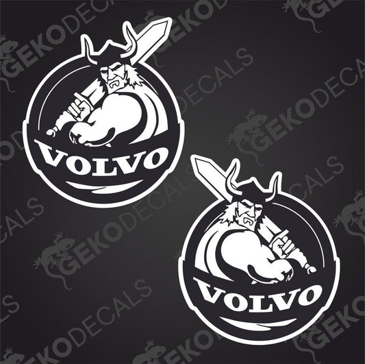 Two black and white stickers with a Viking character and the brand name 'VOLVO' written in a bold font.