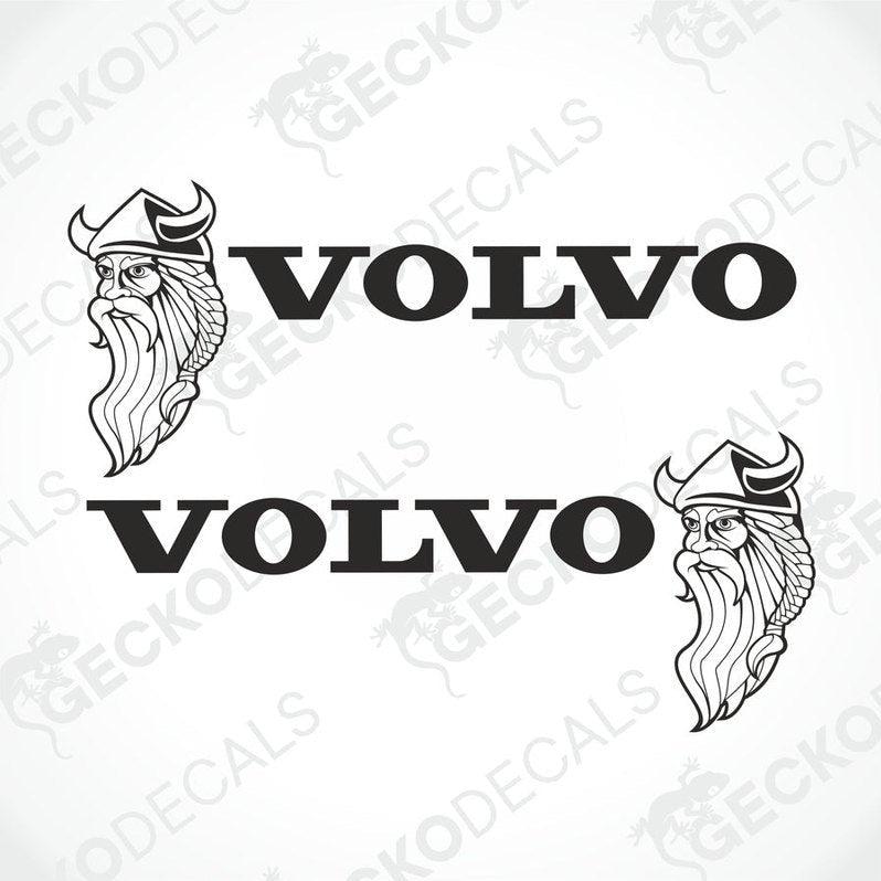 Two black and white stickers with the word 'VOLVO' and a Viking helmet design on each.