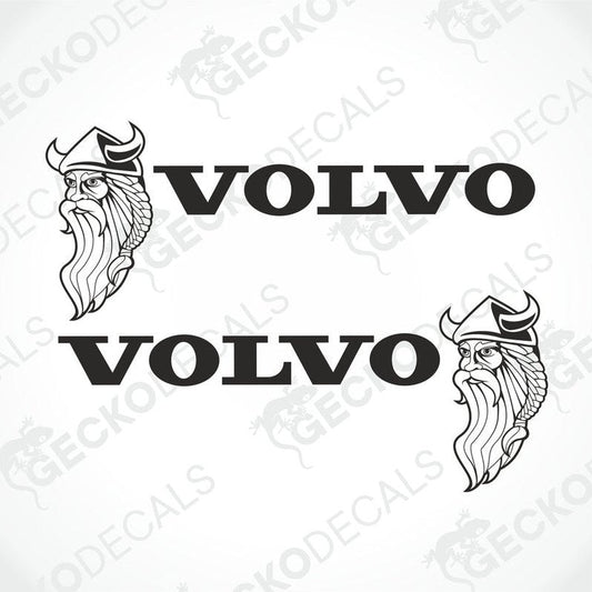 Two black and white stickers with the word 'VOLVO' and a Viking helmet design on each.