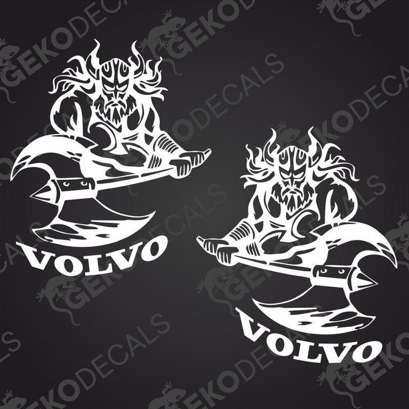 Two die cut decals depicting a stylized Viking character with a helmet, holding a ship, and incorporating the 'Volvo' brand name.