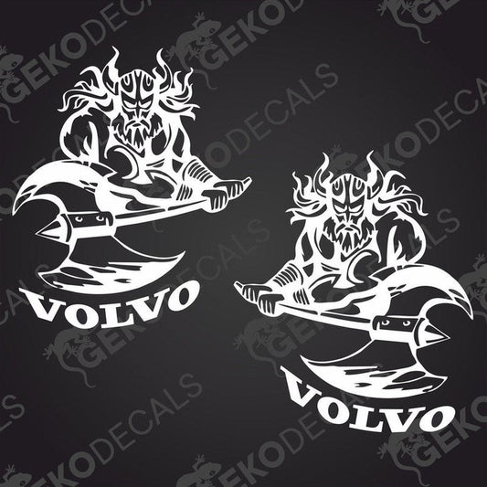 Two die cut decals depicting a stylized Viking character with a helmet, holding a ship, and incorporating the 'Volvo' brand name.