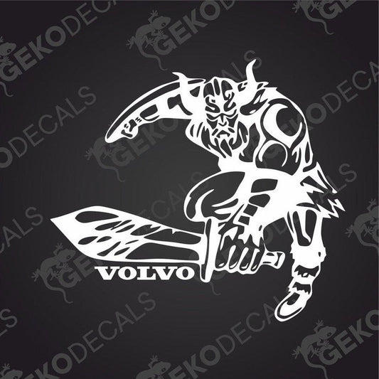 A die cut sticker depicting a stylized Viking character with a sword, incorporating the Volvo brand name.