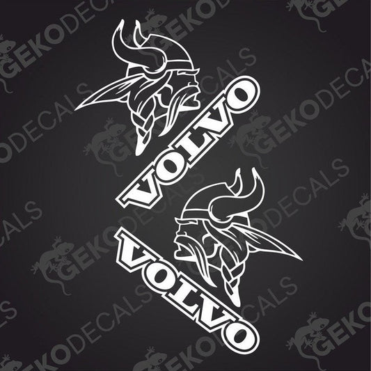 A pair of white die cut stickers depicting a Viking helmet design with the text 'VOLVO', intended for use on vehicles.