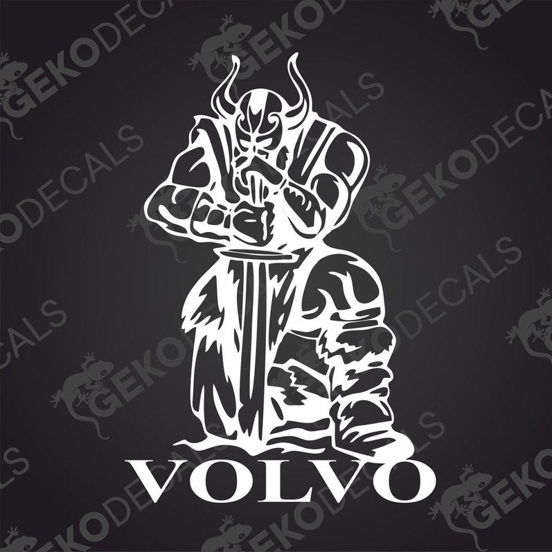 A sticker decal of a Viking helmet and sword with the Volvo brand logo.