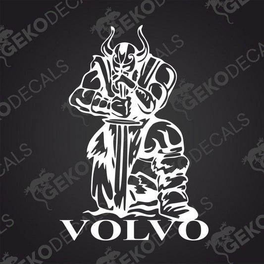 A sticker decal of a Viking helmet and sword with the Volvo brand logo.