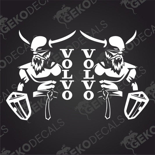 Two black and white decal stickers depicting Viking helmets, suitable for use on vehicles.VOLVO