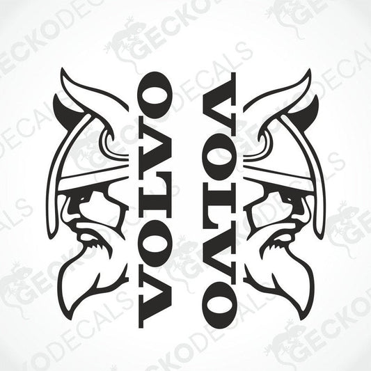 Two black and white sticker designs featuring stylized text 'VOLVO' with Viking helmet motifs on each side.