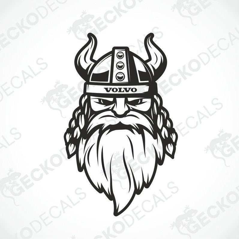 A black and white sticker design featuring a stylized skull wearing a Viking helmet with horns, incorporating elements and the brand name 'Volvo'.