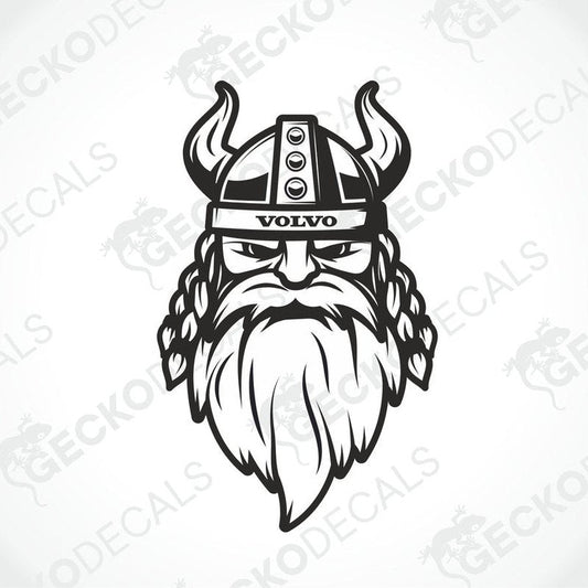A black and white sticker design featuring a stylized skull wearing a Viking helmet with horns, incorporating elements and the brand name 'Volvo'.
