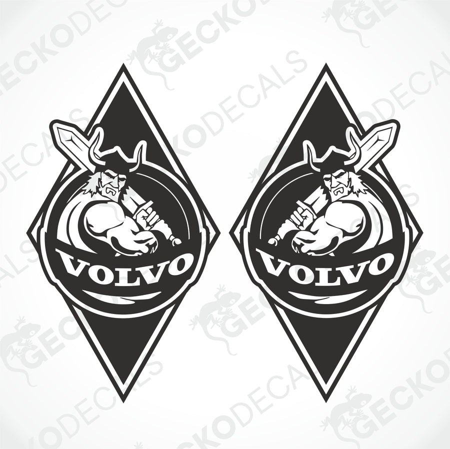 Two black and white stickers with a Viking helmet design and the Volvo brand logo.