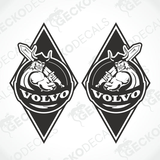 Two black and white stickers with a Viking helmet design and the Volvo brand logo.