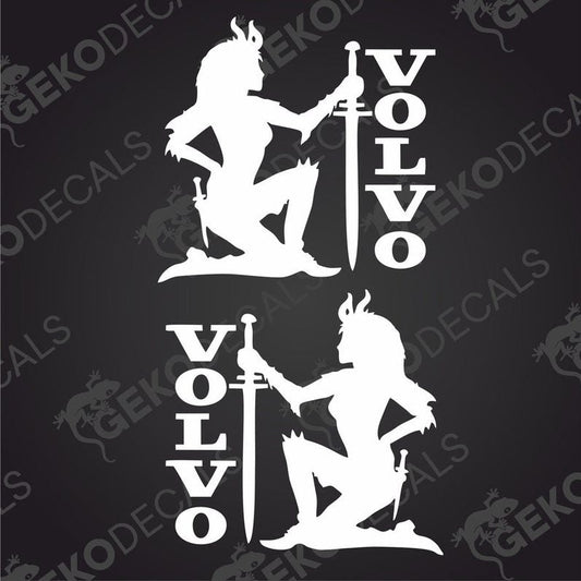 Two black and white stickers depicting a stylized Viking girl sitting on a horse with a sword, and the word 'VOLVO' above her.