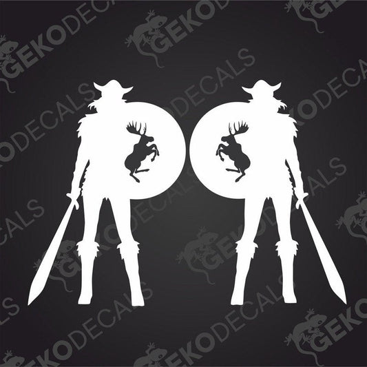 A pair of white silhouette stickers depicting a Viking girl holding a moose head, designed for use as vehicle decals.