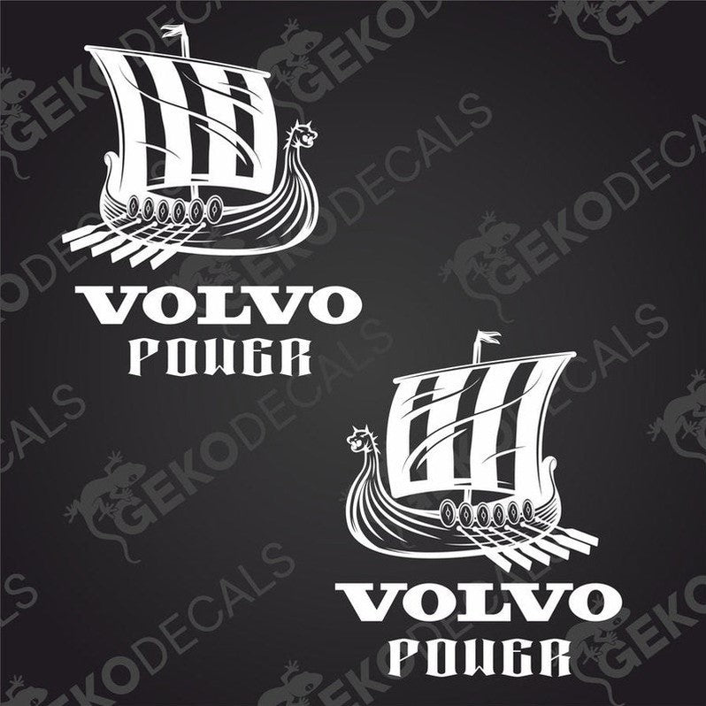 Two white stickers with the text 'VOLVO POWER' and a Viking ship illustration, one for the right and one for the left side.