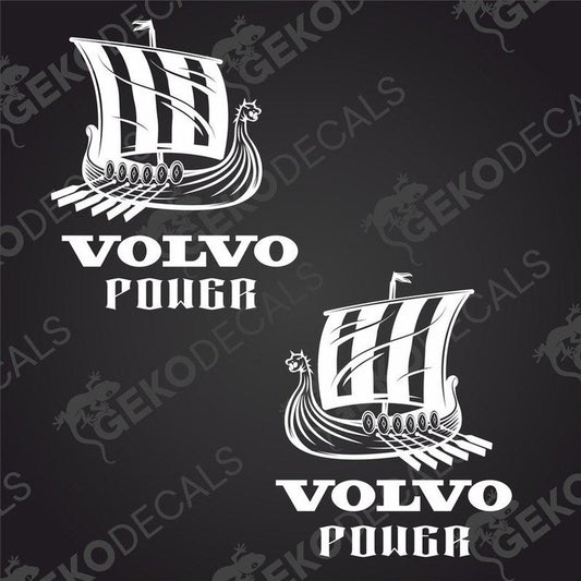 Two white stickers with the text 'VOLVO POWER' and a Viking ship illustration, one for the right and one for the left side.