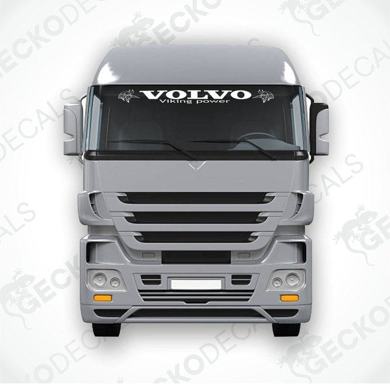 A front view of a Volvo truck windscreen with a die cut decal featuring the Viking power symbol.