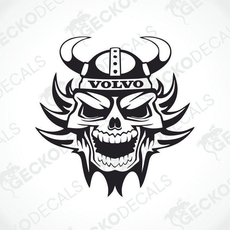 A black and white sticker design featuring a stylized skull wearing a Viking helmet with horns, incorporating elements and the brand name 'Volvo'.