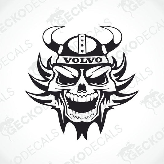 A black and white sticker design featuring a stylized skull wearing a Viking helmet with horns, incorporating elements and the brand name 'Volvo'.