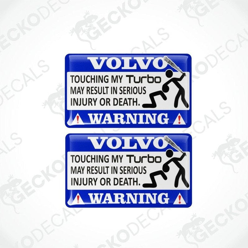 Two rectangular blue car decals with white text and graphics warning about the consequences of touching the turbo.