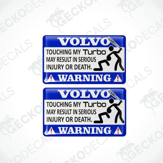 Two rectangular blue car decals with white text and graphics warning about the consequences of touching the turbo.