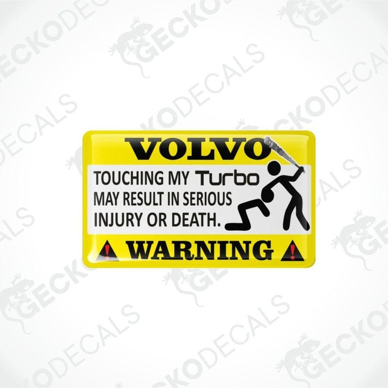  Rectangular yellow car decals with white text and graphics warning about the consequences of touching the turbo.