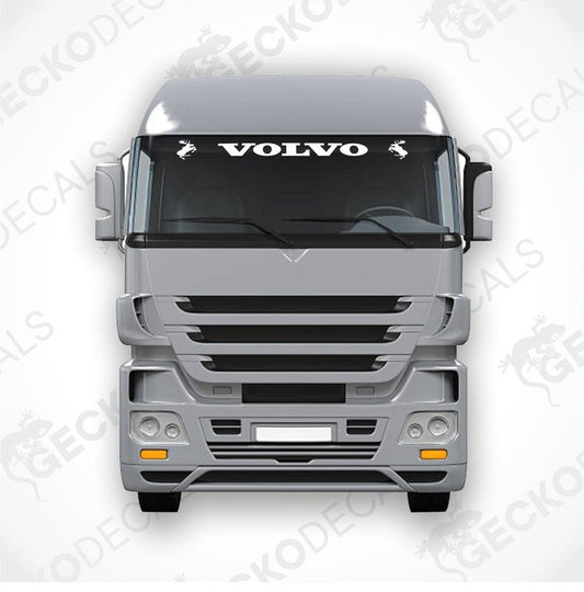 A front view of a Volvo truck with a die cut decal on the windscreen.