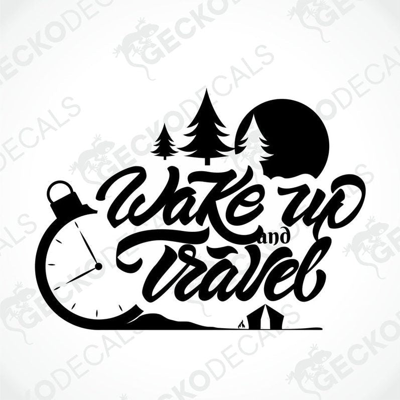 Black die-cut travel decal with alarm clock, trees, moon and tent on transfer paper
