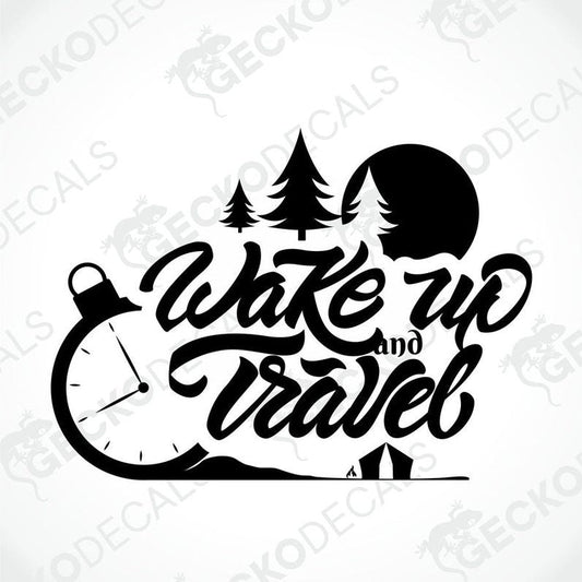 Black die-cut travel decal with alarm clock, trees, moon and tent on transfer paper