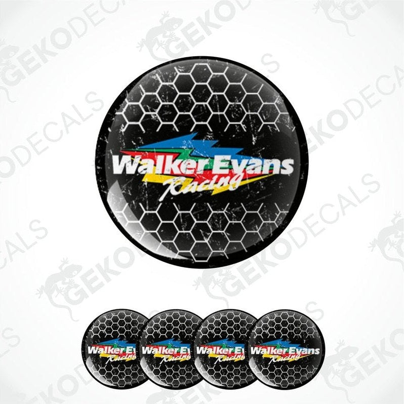 A set of four round vinyl stickers with a black background and multicolor design featuring the text 'WALKER EVANS RACING' and a graphic of a race car.