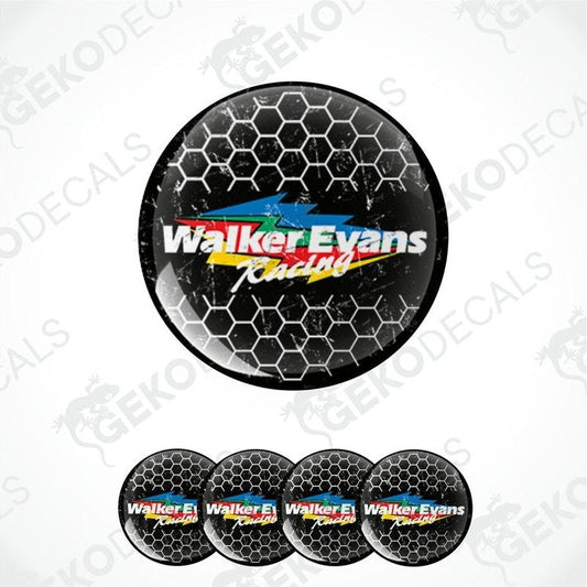 A set of four round vinyl stickers with a black background and multicolor design featuring the text 'WALKER EVANS RACING' and a graphic of a race car.