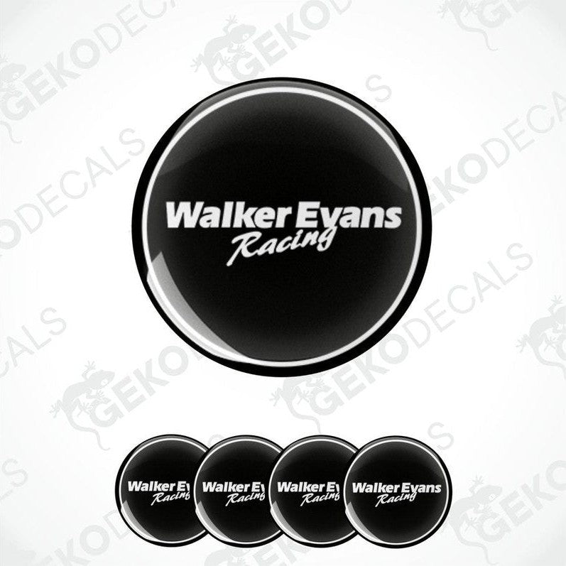 Set of four round black vinyl decals with the text 'Walker Evans Racing' in white.