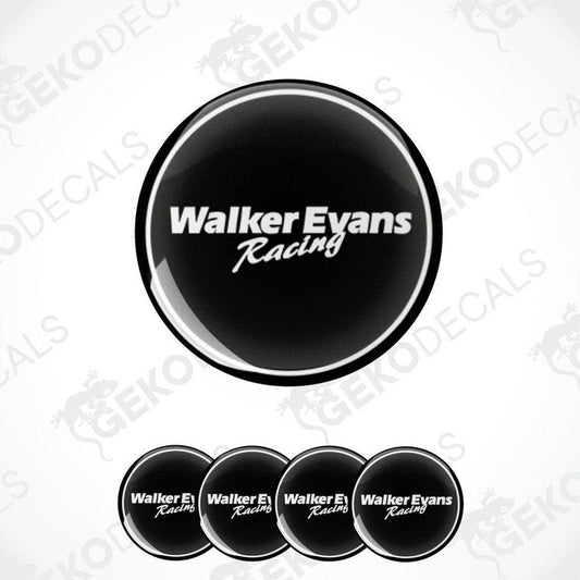 Set of four round black vinyl decals with the text 'Walker Evans Racing' in white.