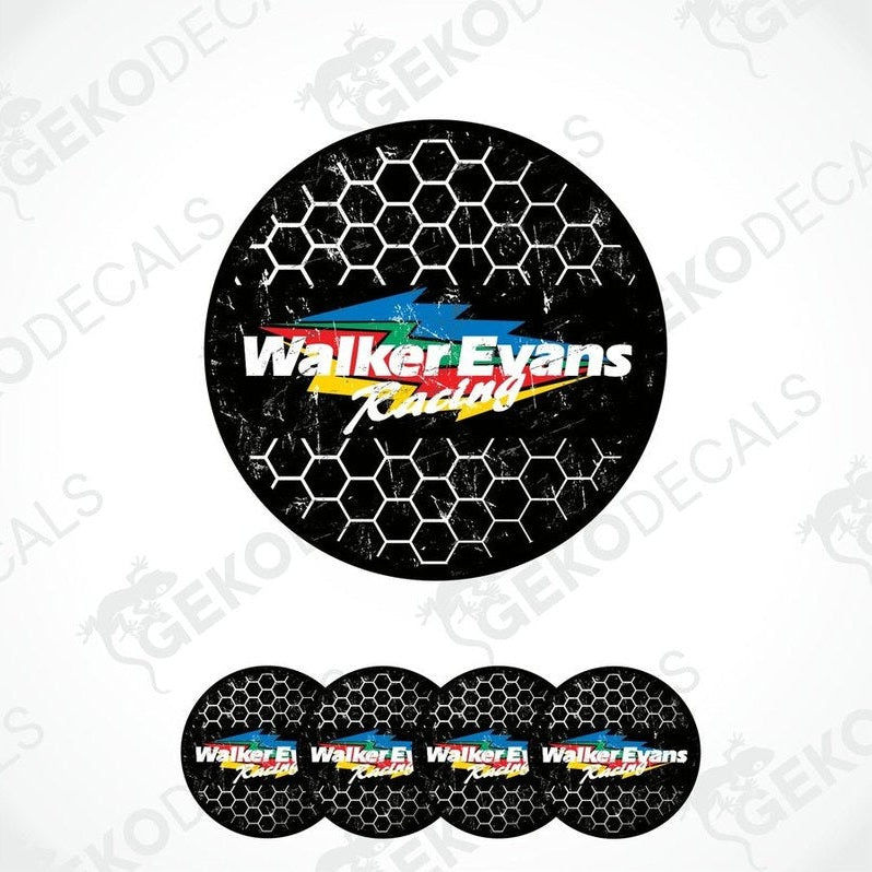 A set of four round vinyl stickers with a black background and multicolor design featuring the text 'WALKER EVANS RACING' and a graphic of a race car.