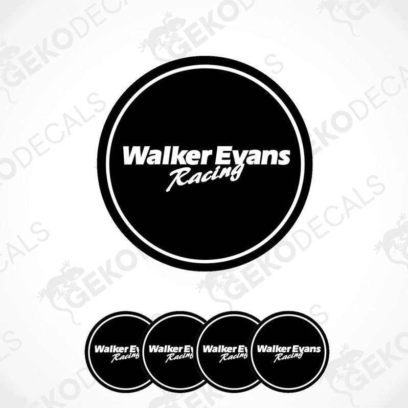 A set of vinyl decals with 'Walker Evans Racing' text, depicted in black and white color.